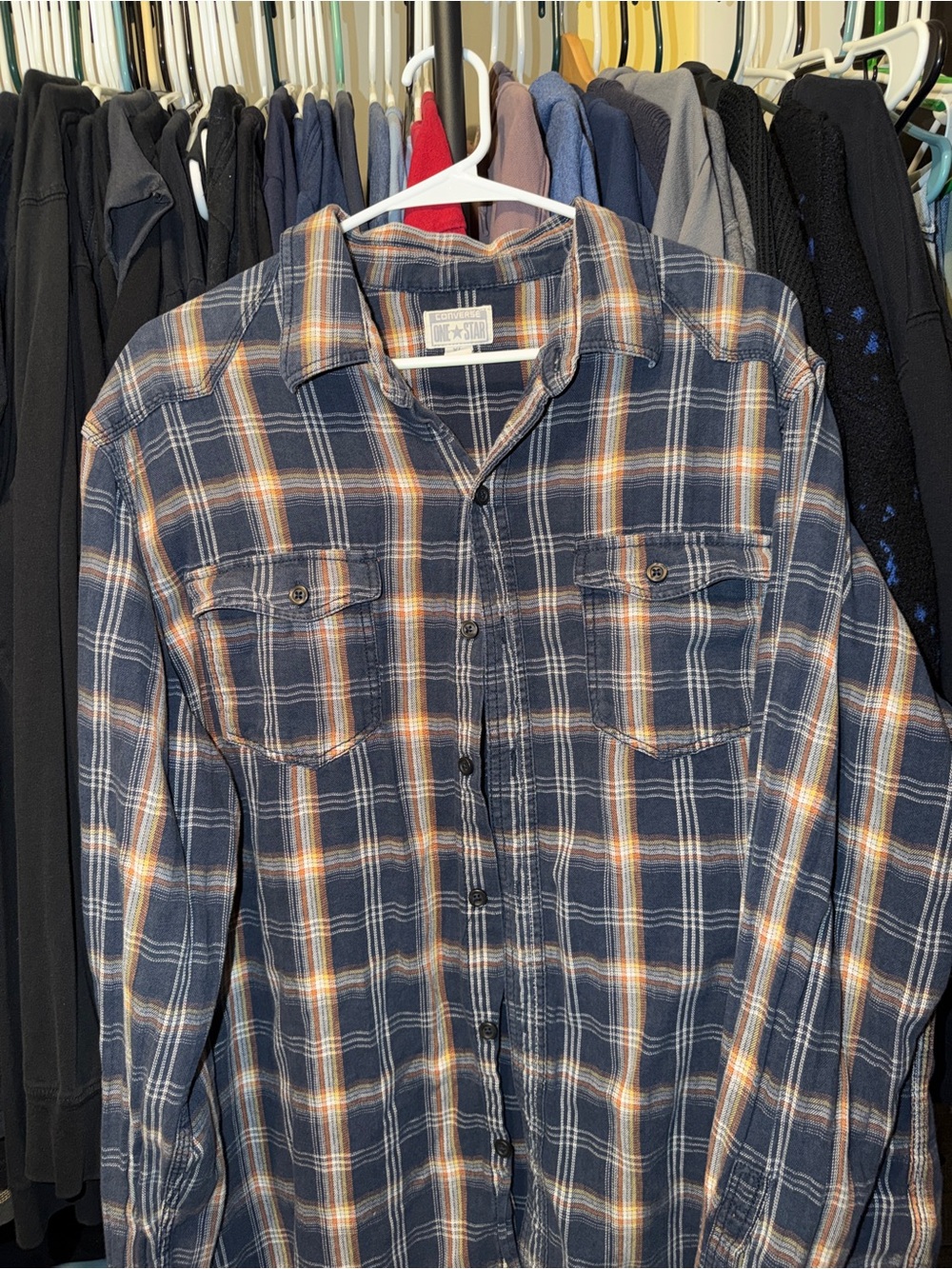 Converse Navy and Orange Plaid Long-Sleeve Button-Down Shirt